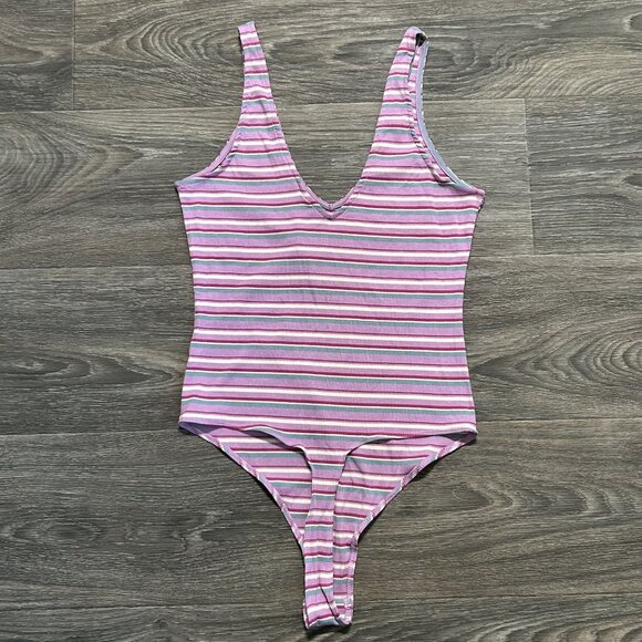 NWT Wild Fable Medium Striped Double V-Neck Bodysuit Snap Lilac Teal Stripes - Picture 4 of 9